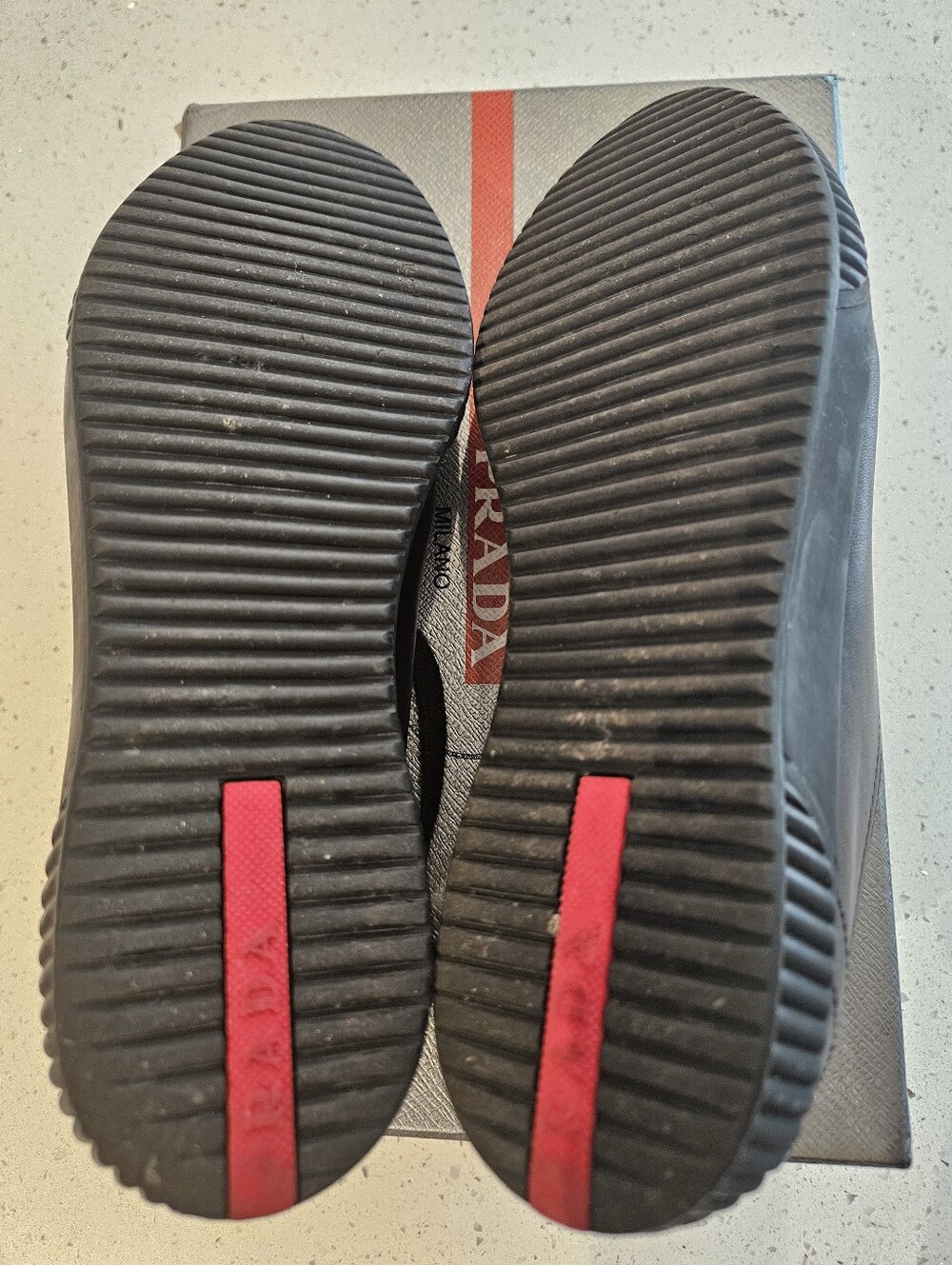 Prada Women Black Leather Sneakers with Red Logo Tongue - Picture 6 of 8
